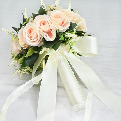 Miniatura 4 de Febou Ramos de boda de 9 pulgadas para novia, dama de honor, ramo de novia, ramo de rosas artificiales para ceremonia de boda, fiesta, iglesia (rosa)