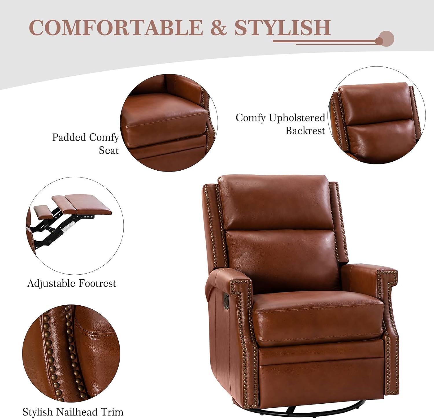 HULALA Home Genuine Leather Swivel Rocker Recliner Chair Set of 2 for Living Room,Manual Glider Recliner with Adjustable Backrest & Footrest,Modern Home Theater Sofa Armchair with Nailhead Trim,Brown