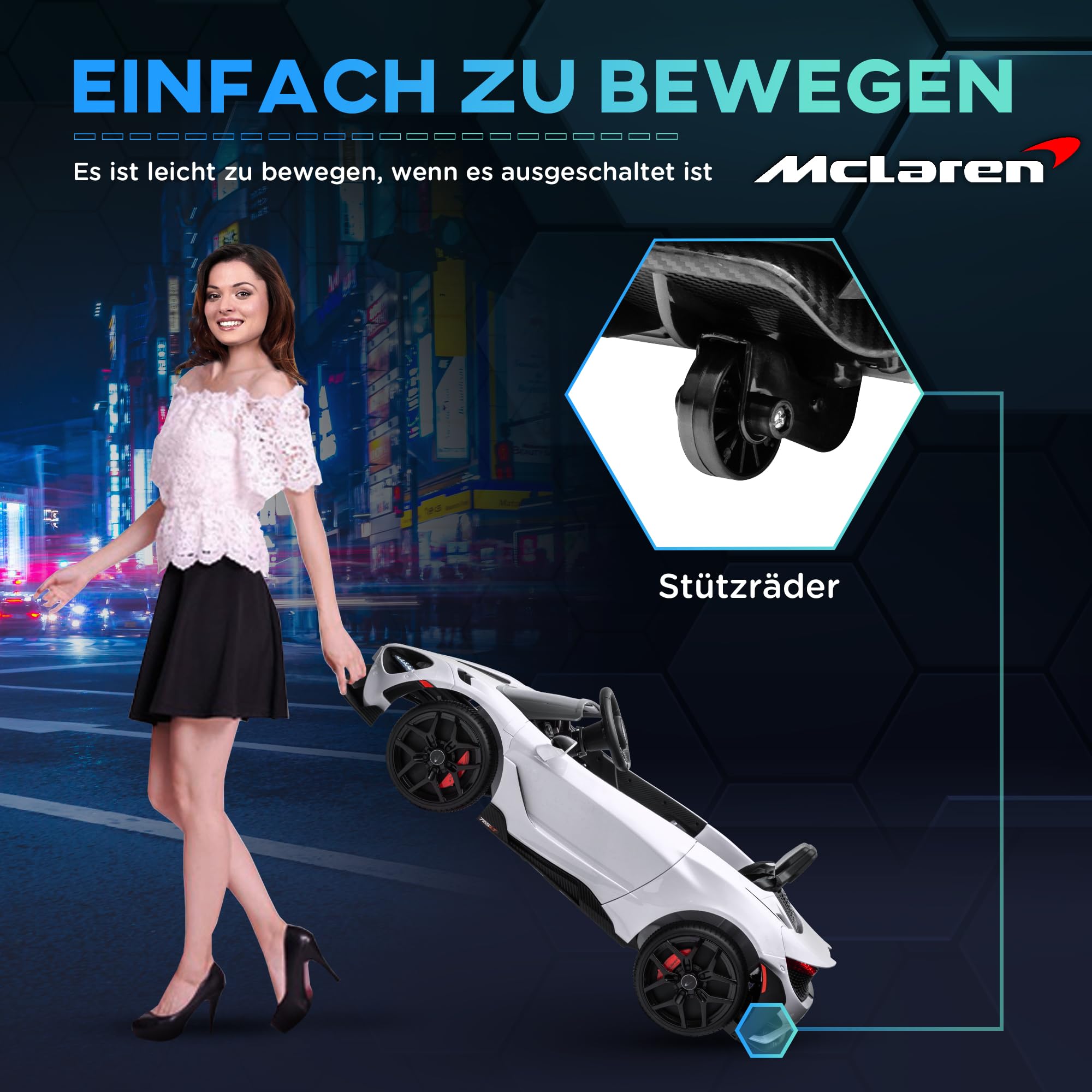 AIYAPLAY McLaren 765LT dziecięcy samochód elektryczny 12 V, pilot zdalnego sterowania 2,4 G, muzyka MP3, pojazd elektryczny z klaksonem, światłem, drzwiami skrzydłowymi, łagodnym rozruchem, 3-5 km/h