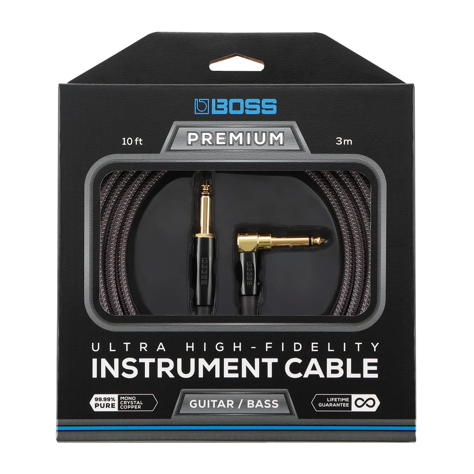 BOSS BIC-P10A, Instrumentenkabel mit geraden auf gewinkelten 6,3-mm-Klinkensteckern, 10ft / 3m