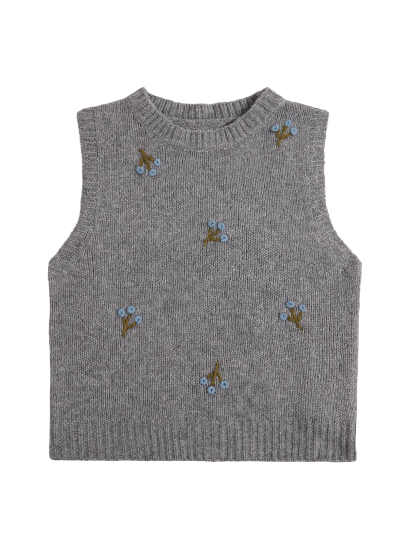WDIRARA Womens Embroidered Sweater Vests Crew Neck Sleeveless Pullover Knit Tank Tops
