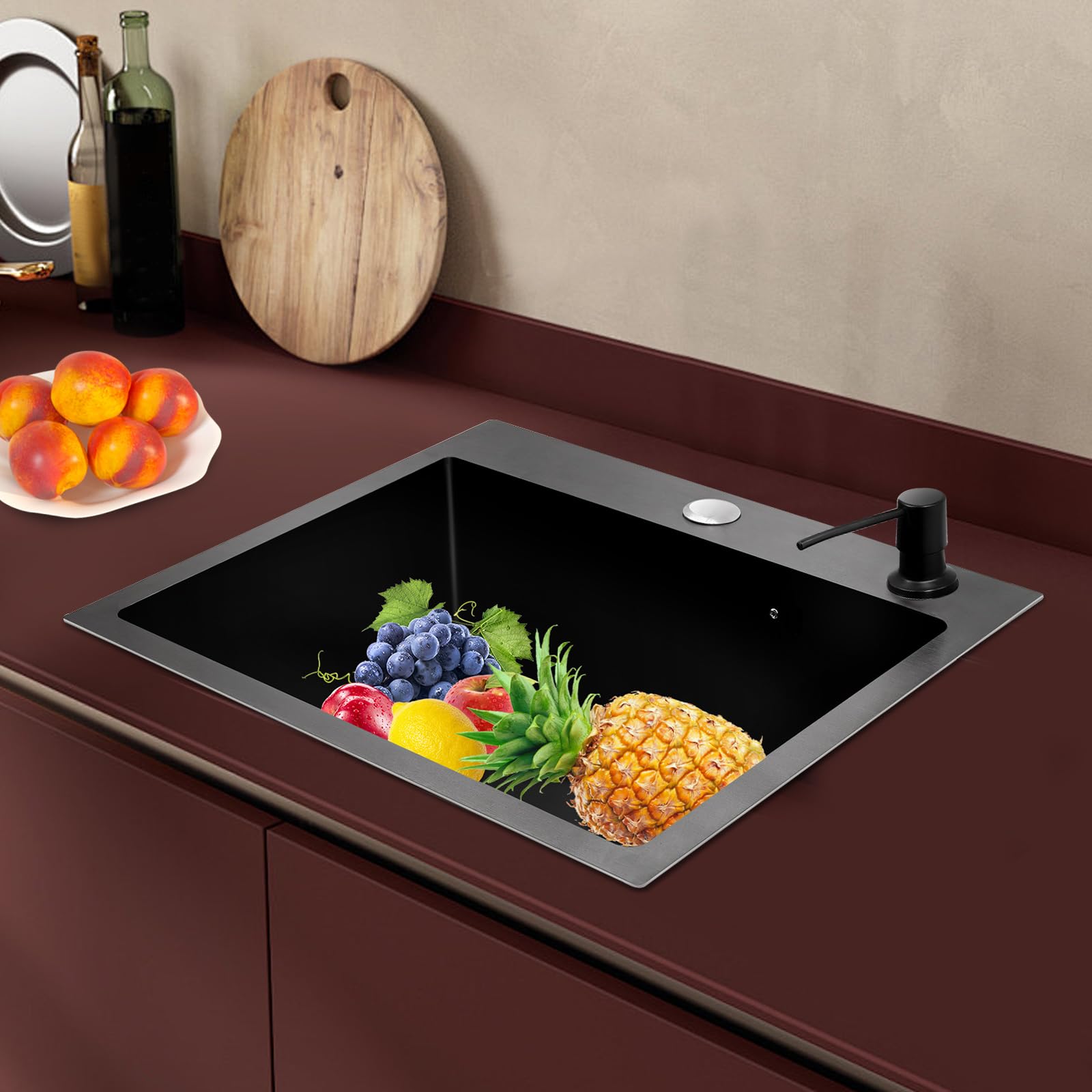 Lavello da incasso, in acciaio inox, nero, con cestello