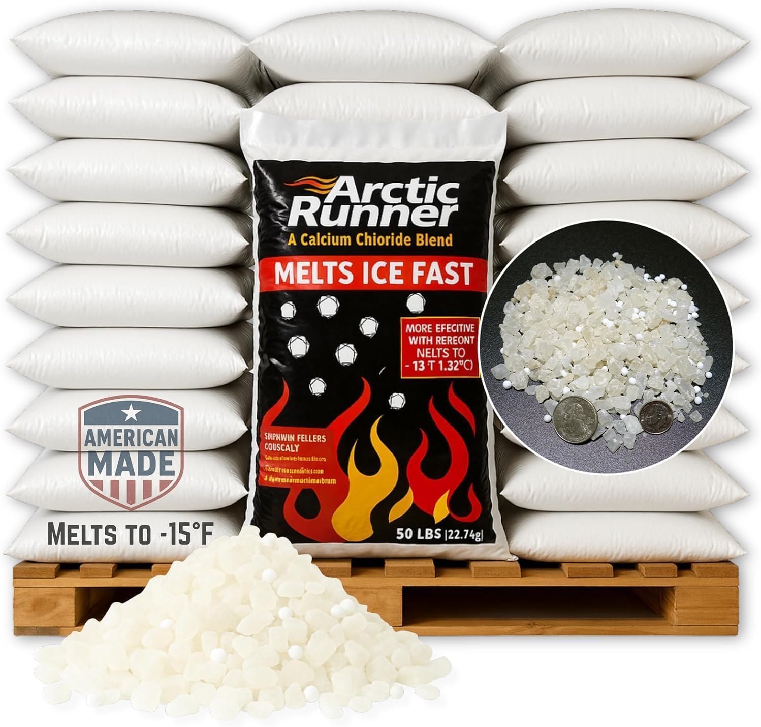 Bulk Calcium Chloride [Full Truckload of Ice Melt] 18 Pallets of 50 lb bags- Pet, Concrete, Plant Friendly -Commercial Grade Snow & Ice Melter- Melts to -15°F [Total 882 bags] 50 lb bags -45,000 lbs