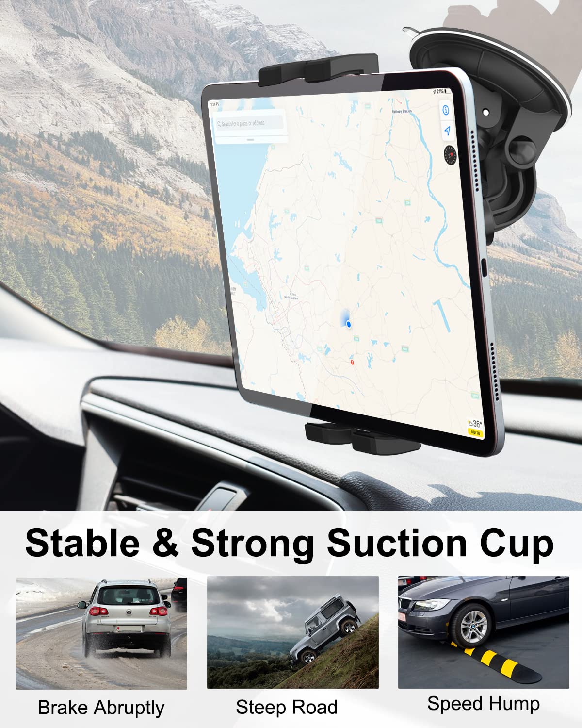 Adjustable Tablet Stand Tripod For Ipad Dosvsi Windshield Car Tablet Mount, Heavy Duty Window Dashboard Tablet Holder, 95mm Powerful Suction Mount For IPad Pro 12.9 11 Air Mini, Galaxy Tab, Z Fold,More
