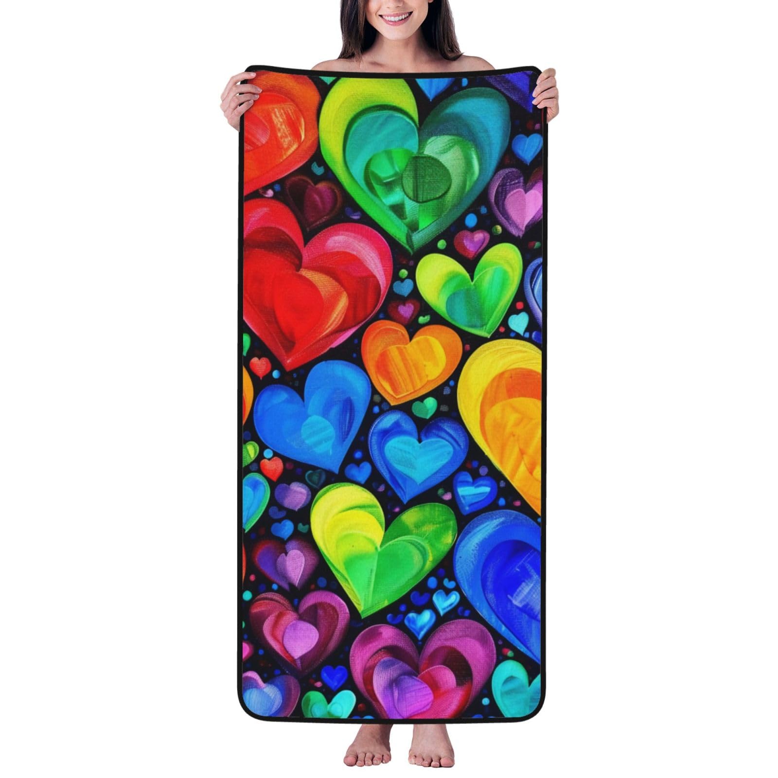 WPKJU Rainbow Hearts Printed Bath Towel with Black Edging - 27x55 in Soft Extra Absorbent Coral Velvet Shower Towels for Bathroom