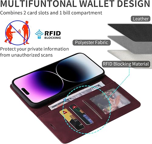 Miniatura 8 de ZZXX Funda tipo cartera para iPhone 14 Pro Max con bloqueo RFID, ranura para tarjetas, función atril, magnética, de piel suave, para iPhone 14 Pro