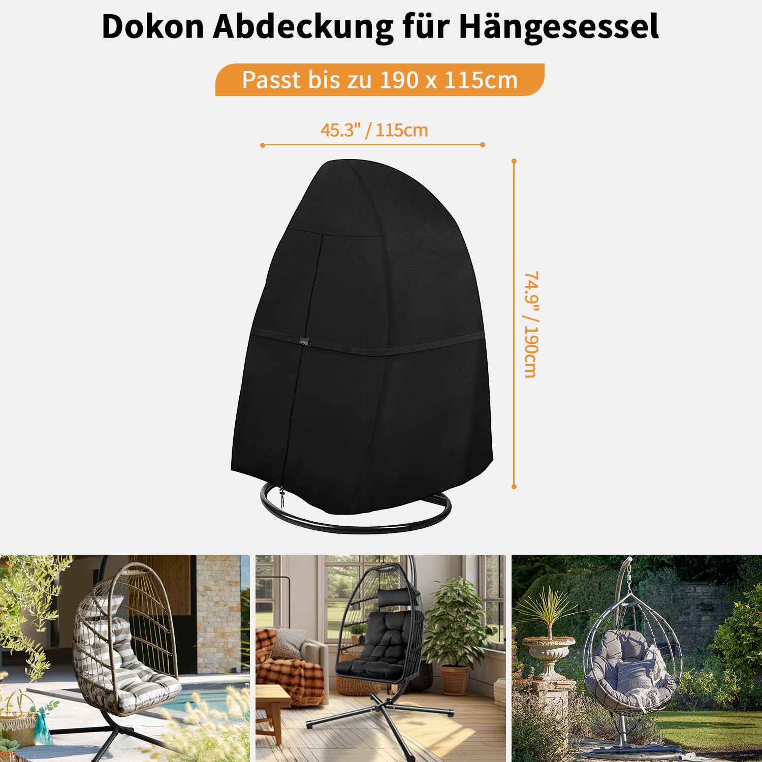 Dokon Hängesessel Abdeckung Wasserdicht Hängestuhl Schutzhülle mit Reißverschluss, Winddicht UV-Beständiges Robustes Oxford-Gewebe Abdeckplane für Hängekorb Hängeschaukel Schwingsessel - 190x115cm