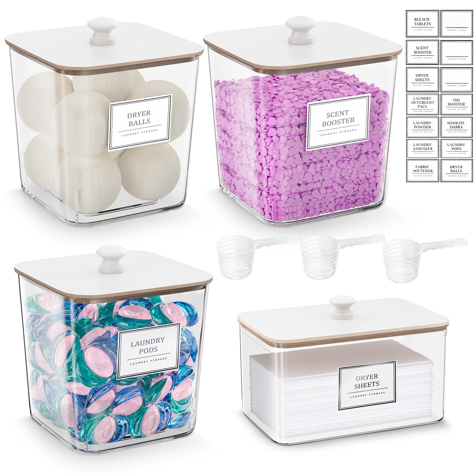 HomePekite Laundry Pods Storage Container, Clear Acrylic Laundry Room Organization and Storage ,Detergent Powder Container,with Wooden Lids &amp; Labels, 3+1 Pack（White）