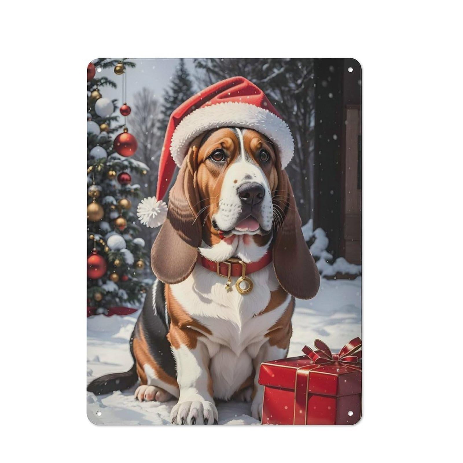 Junmoney Basset Hound Christmas Dog For Café Or Restaurant, Vintage Metal Sign 40X30cm, For Vintage Wall Decor Fans, For Cafés, Pubs And Restaurants