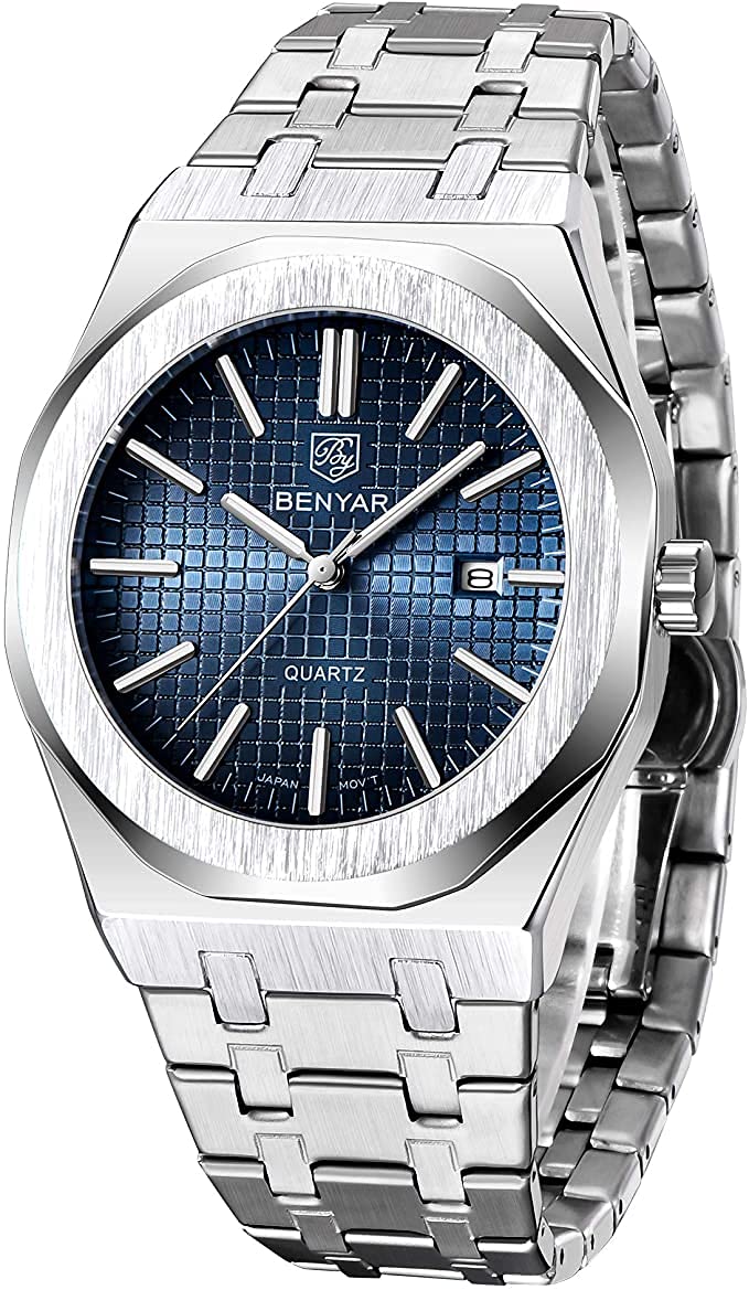 BENYARBusiness Casual Silver Stainless Steel Date Display Analog Watch for Men