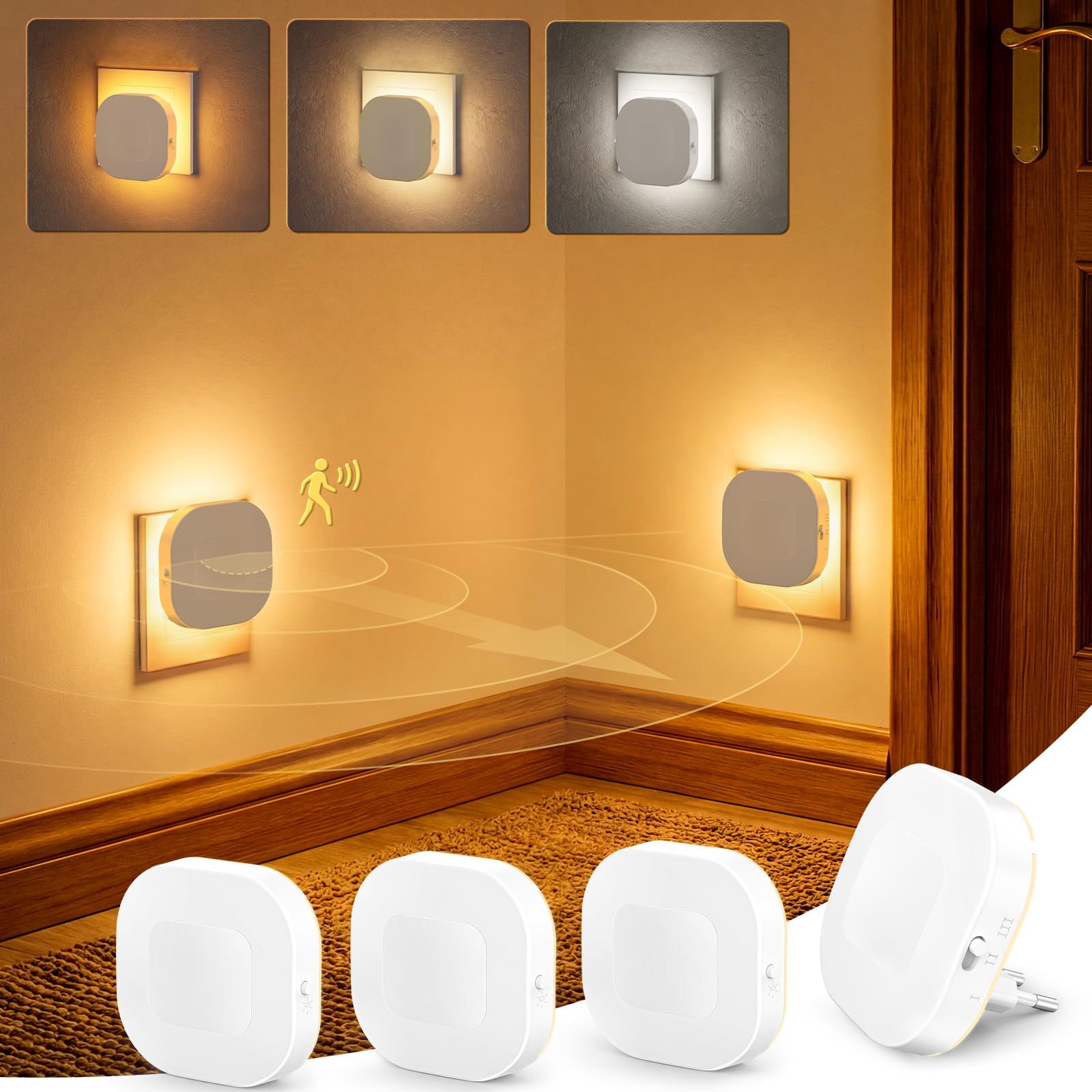 NIORSUN Nachtlicht Steckdose mit Bewegungssensor und Dämmerungssensor, 4 Stück 1800K-5000K LED hinterleuchtete Nachtlicht, Dimmbar Steckdosenlicht für Kinderzimmer, Schlafzimmer, Treppen, Gang