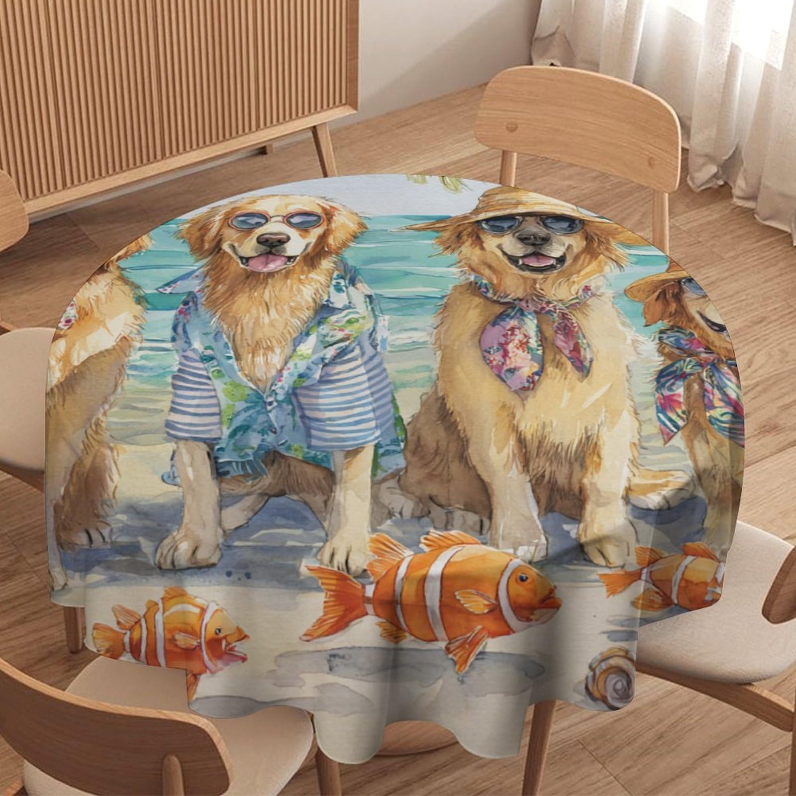 LUYYSKY Modern Aesthetic Cute Dogs Waterproof Round Tablecloth Rustic Nautical Summer Beach Palm Tree Animals Puppies Fish Pattern Washable Table Cover for Kitchen-152.4" Wx152.4 L cm