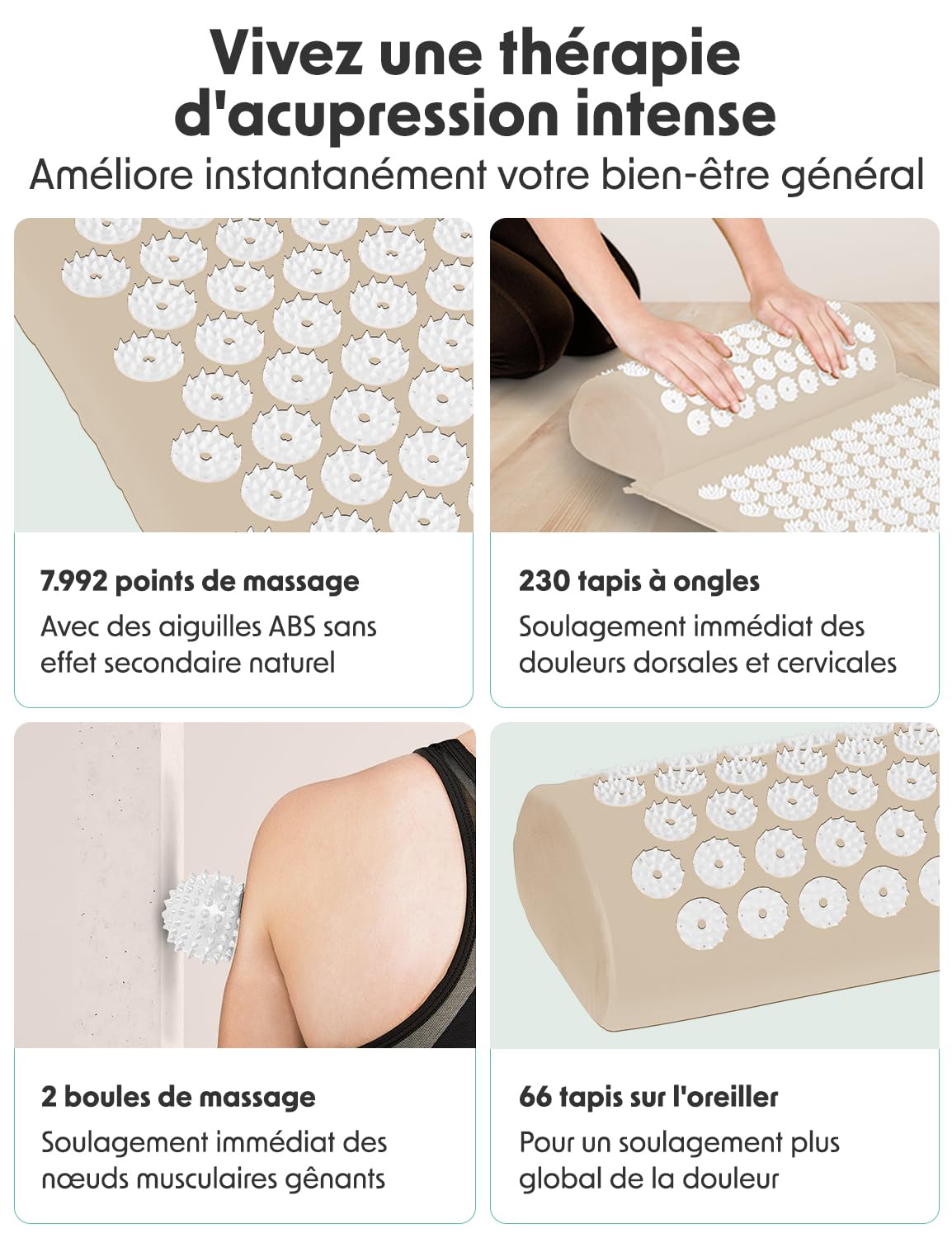 LifeGoods Tapis d'acupression avec Coussin - Tapis d'acupression - Tapis d'acupression+ - Tapis d'acupression - Tapis d'acupuncture - Tapis de massage - pour le dos - Tapis à picots - Tapis de fakir