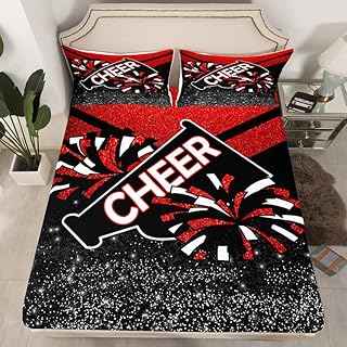 Red Glitter Cheer Fitted Sheet Dreamy Girly Gymnastic Sports Bedding Set for Kids Boys Girls Gymnastics Lovers Bed Sheet Set Cheer Sports Glitter Bed Cover Room Decor Bed Set Twin Size