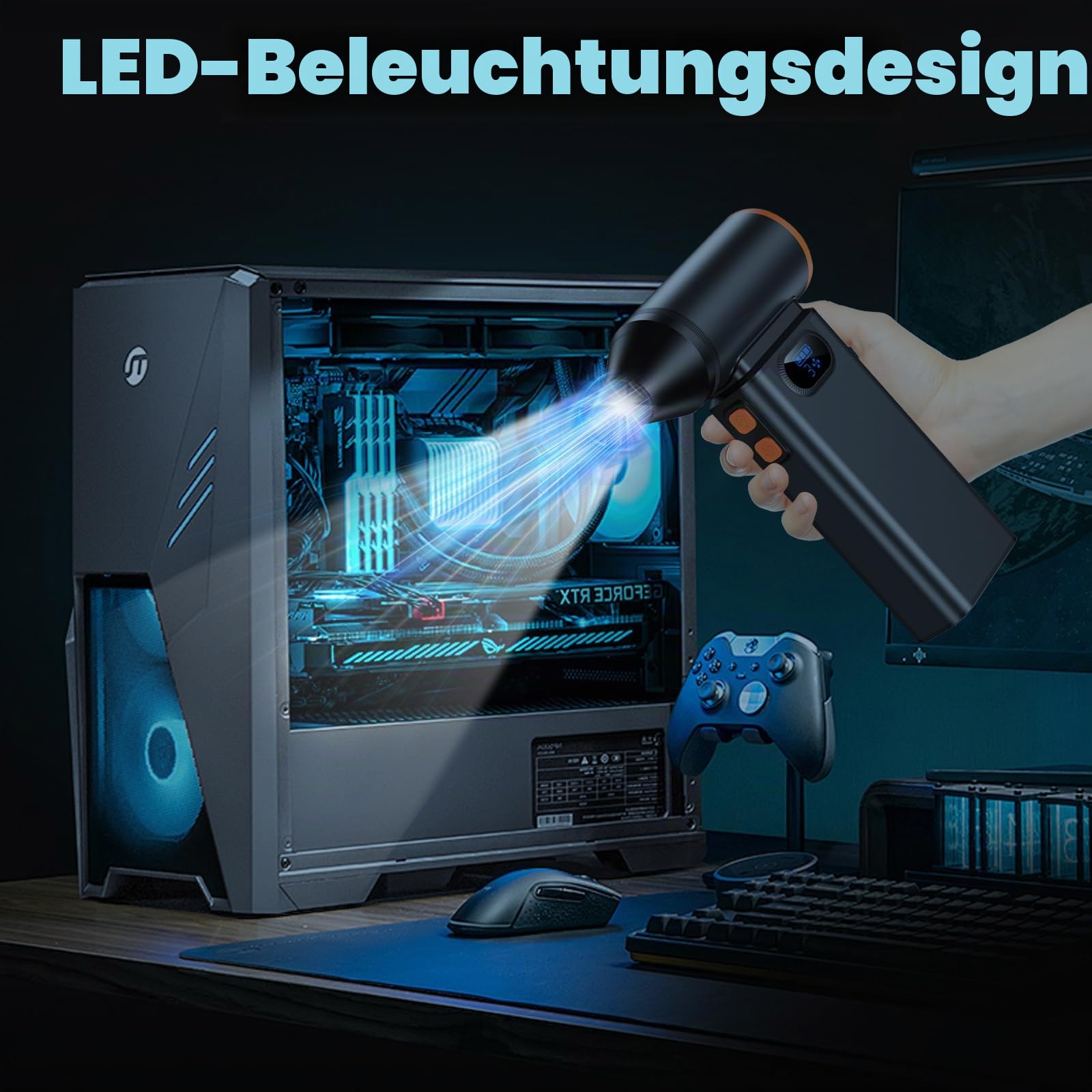 Anluomania Elektrische Staubgebläse Druckluftspray 4-Gang, 130000RPM Druckluft Compressed Air Duster, Electric Air Duster mit 6000mah Akku, Taschenlampe, Reinigungsbürste für PC, Outdoor, Sofa, Auto