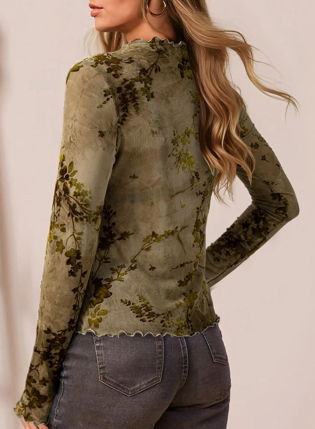 Dokotoo Women's Velvet Floral Embroidery Mesh Tops Gradient 2026 Long Sleeve Lace Shirt - Image 3