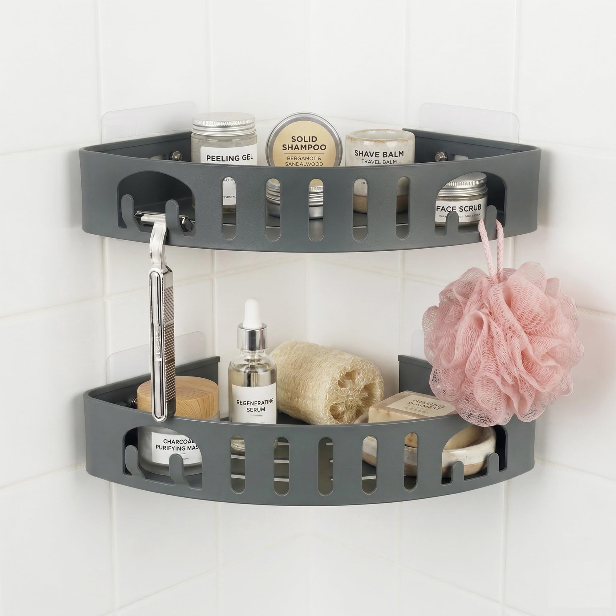 DivaDwell Depot Adhesive Corner Shower Shelf No Drill | Rust-Proof Aluminum Alloy Stick On Bathroom Organizer with Shaving Holder for Shampoo,