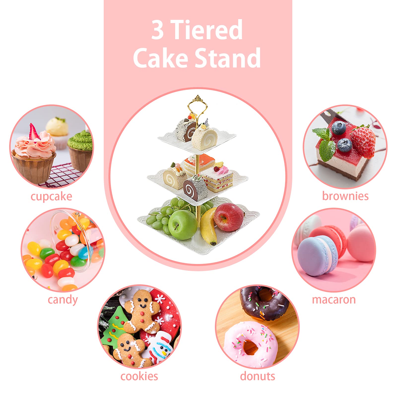 3 soportes cuadrados blancos para tartas con 3 niveles, bandeja para servir magdalenas, soporte para postre, decoración de mesa para fiestas, cumpleaños, fiestas de té, baby shower