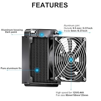 Clyxgs Water Cooling Radiator, 8 Pipe Aluminum Heat Exchanger Radiator with Fan for PC CPU Computer Water Cool System DC12V 80mm Black