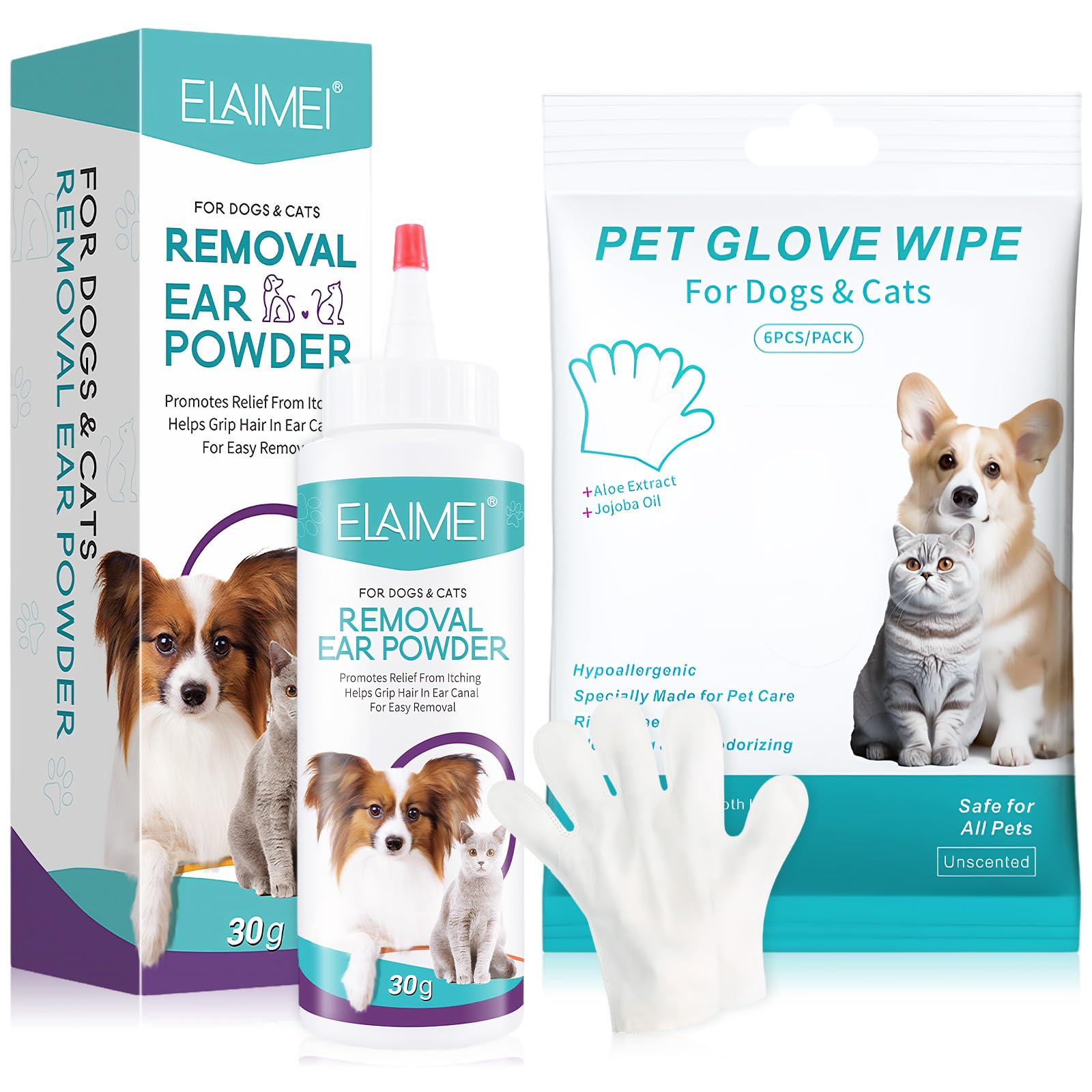 exatta Ohrenreiniger Hund, Handschuhtücher für Haustiere, Pulver zur Enthaarung von Hundeohren, Waschhandschuh Hund, Ohrreiniger Reinigungstücher für Hund und Katze, Reinigt das Haar