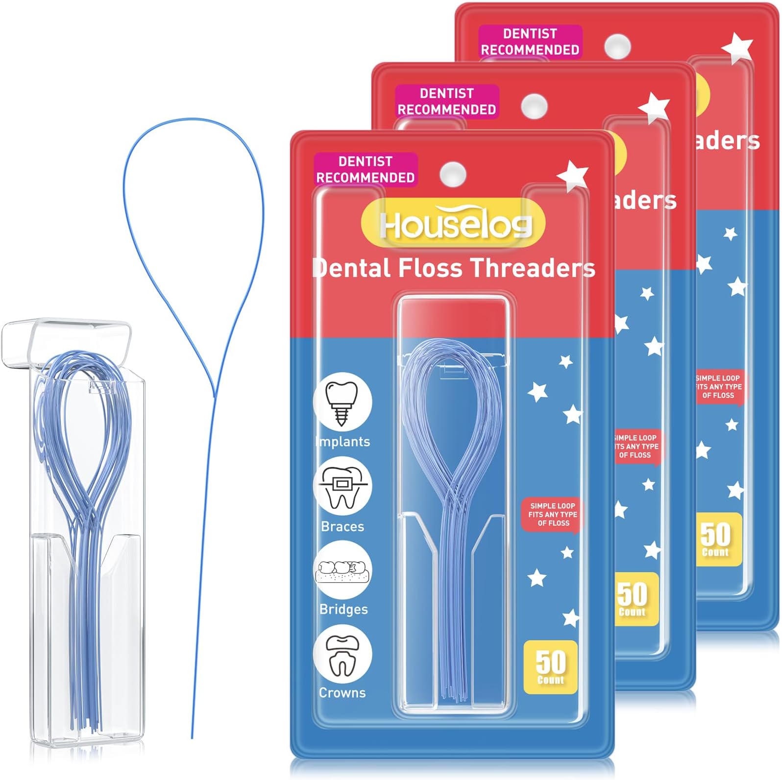 Floss Threaders, Deep Clean Floss for Braces, Bridges, Implants 50 Count (Pack of 3)