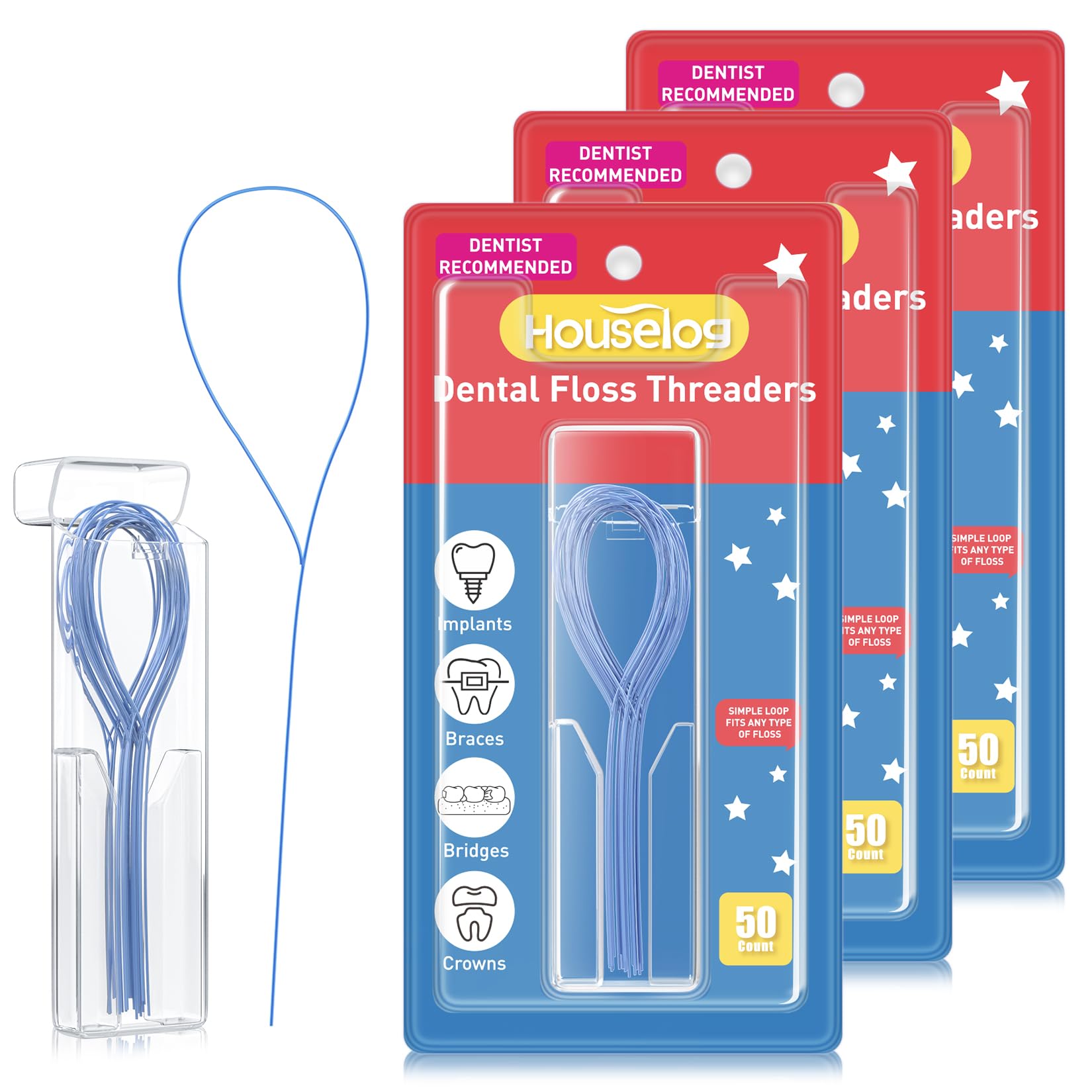 Houselog Floss Threaders, Deep Clean Floss for Braces, Bridges, Implants 50 Count (Pack of 3)