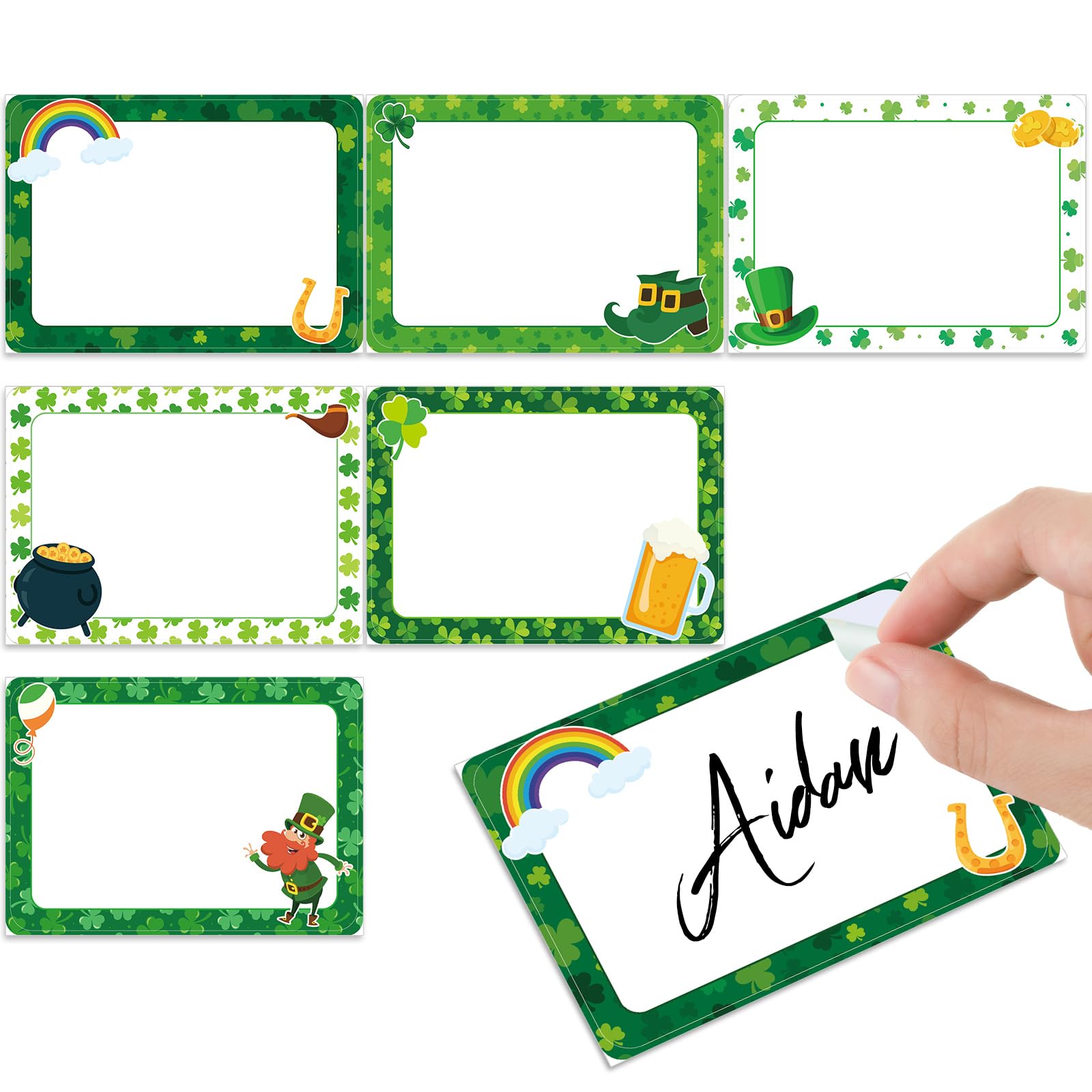 240 Pcs St. Patrick's Day Name Tag Stickers Shamrock Clover Gift Tag Classroom Border Name Tag Leprechaun Labels Personalized Party Name Tags for Party Kids School Office Home, 3.5 x 2.4"