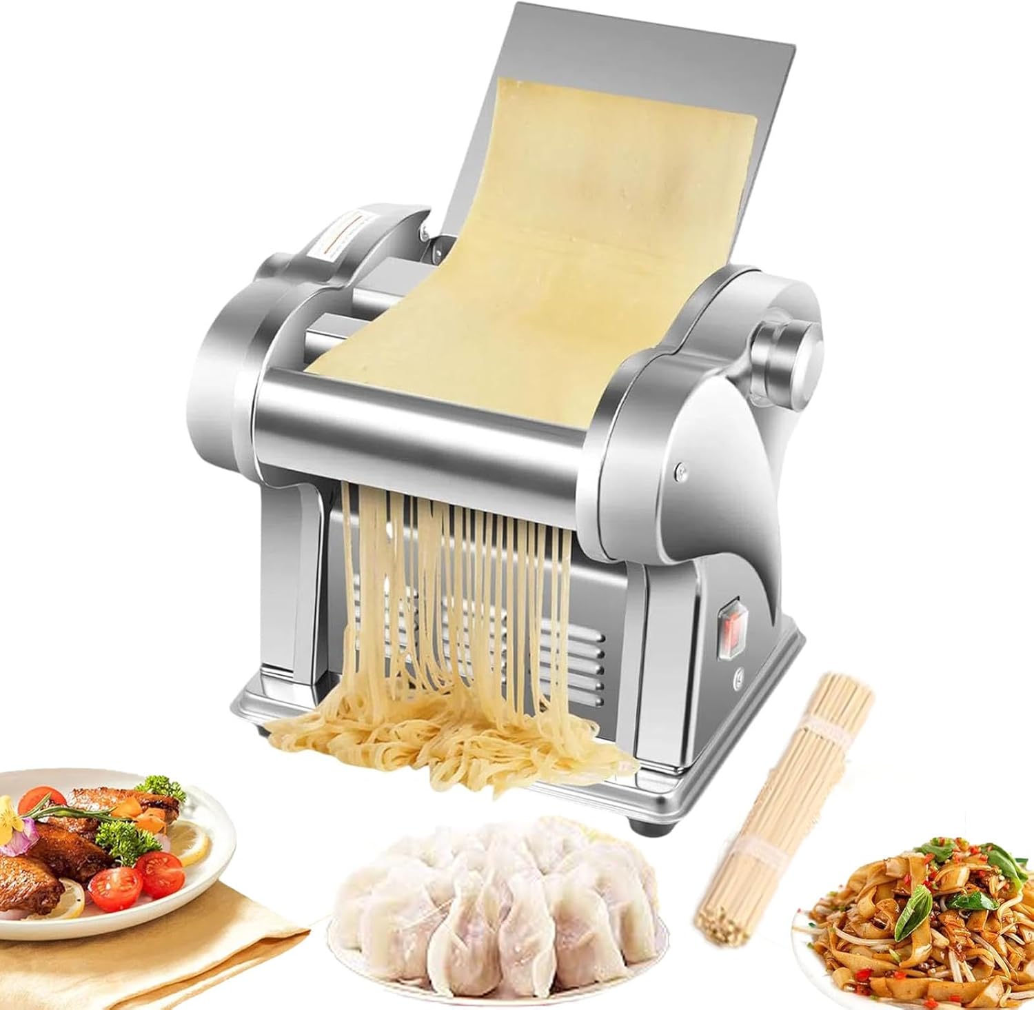 Electric Pasta Maker Machine, Automatic Dough Roller Sheeter, Stainless Steel Noodle and Dumpling Skin Maker with Adjustable Thickness for Home Use