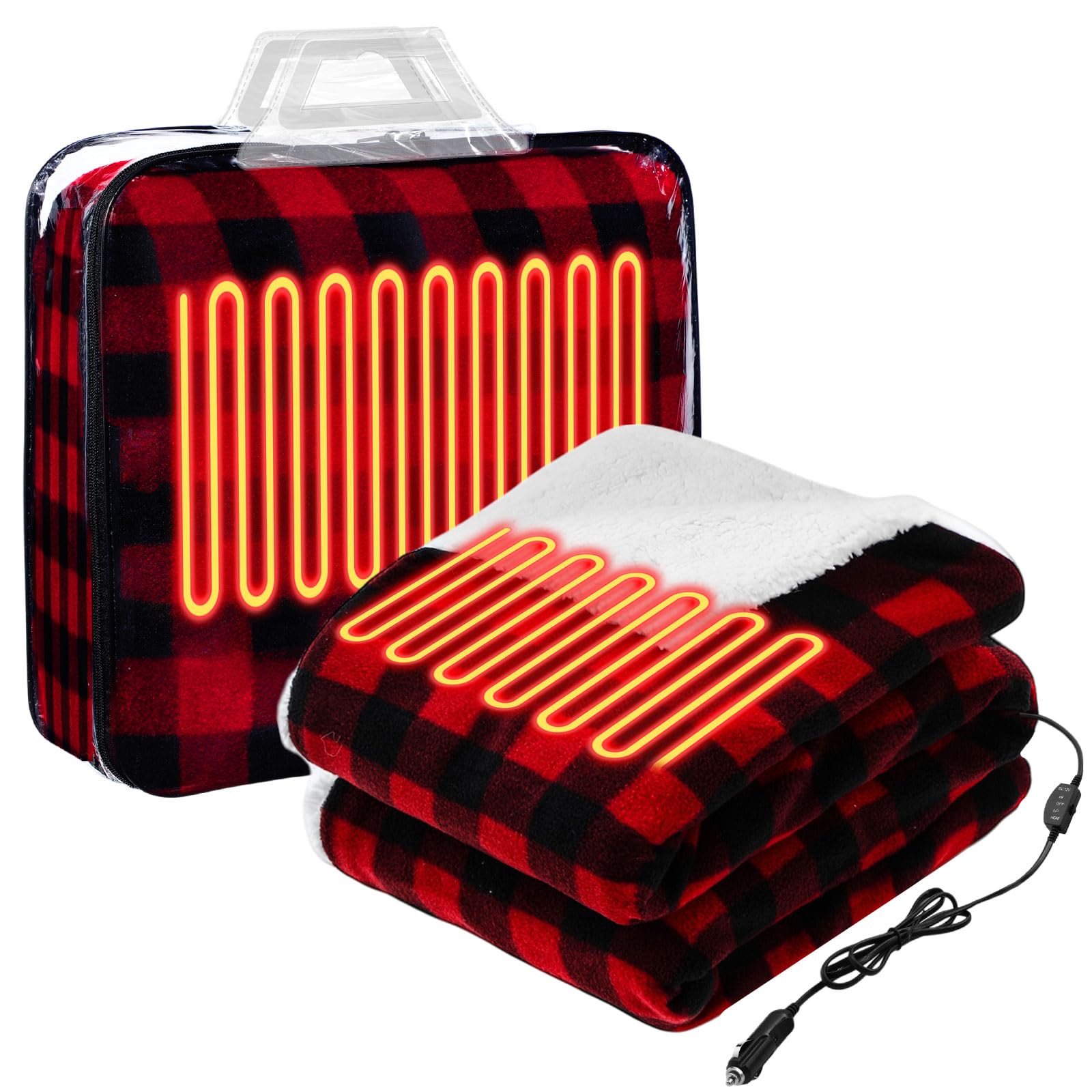 Riakrum 12v Heated Car Blanket 58" x 43", 3 Heating Level Electric Heated Blanket Portable Throw with Temperature Controller Cigarette Lighter Socket for Truck Winter(Black and Red Plaid,Checkered)