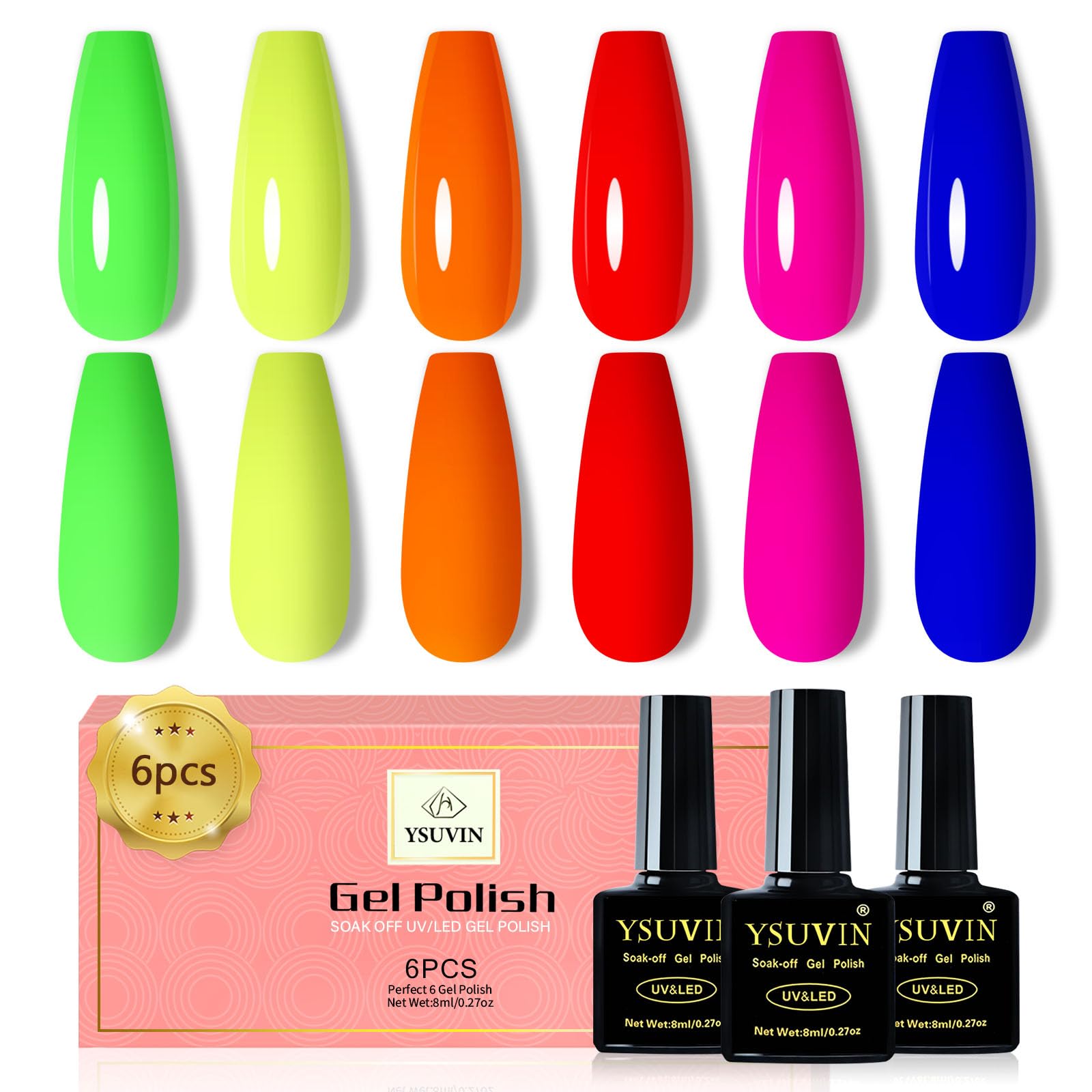 YSUVIN Semipermanente Unghie Neon, 6 Colori Verde Fluo Naranja Rosa Pequeño Azul Neon Smalto Semipermanente Unghie, Smalto Unghie Soak Off UV/LED Lampada Nail Art Set, 8ml
