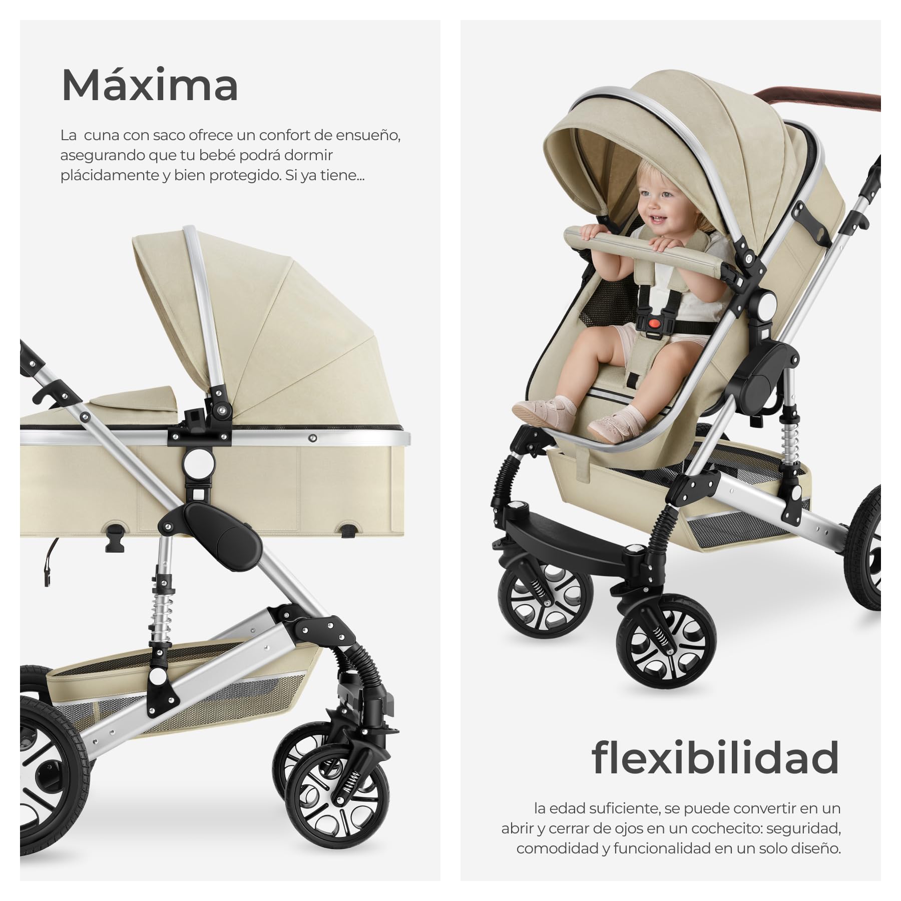 tectake® Cochecito Bebé Combinado 2 en 1, Carrito Bebé Plegable con Capazo Extraíble, Silla de Paseo con Respaldo Ajustable, Arnés de 5 Puntos, Freno de Pie y Capota Plegable, Carro Bebés - gris/beige