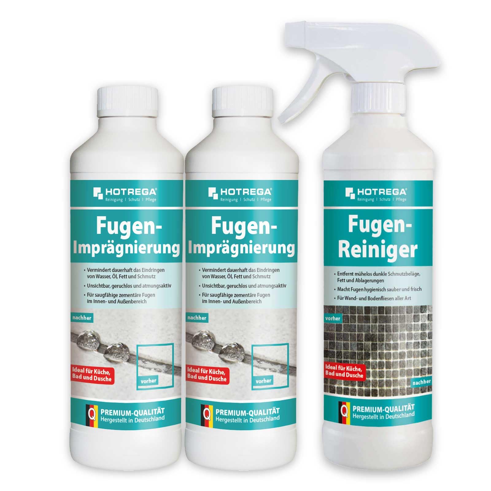 HOTREGA Fugenreiniger 500ml + Fugenimprägnierung 1L | Set für zementäre | Tiefenreinigung & Schutz | Unsichtbare Versiegelung gegen Kalk, Fett, Nässe | Ideal für Bad, Dusche, Küche | Lösemittelfrei
