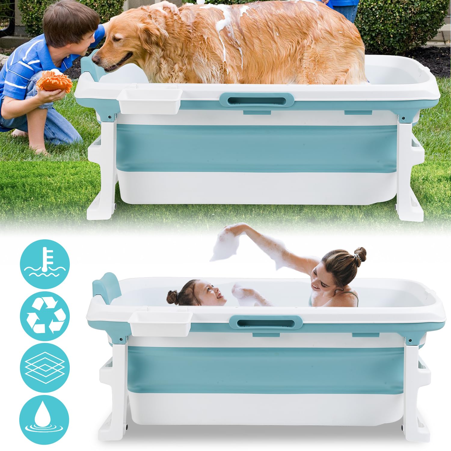 Ikodm Bañera plegable para adultos - XXL 149 x 60 x 50 cm - Bañera móvil plegable con tapa, rodillos de masaje y cesta - Para baño, ducha y balcón - Azul