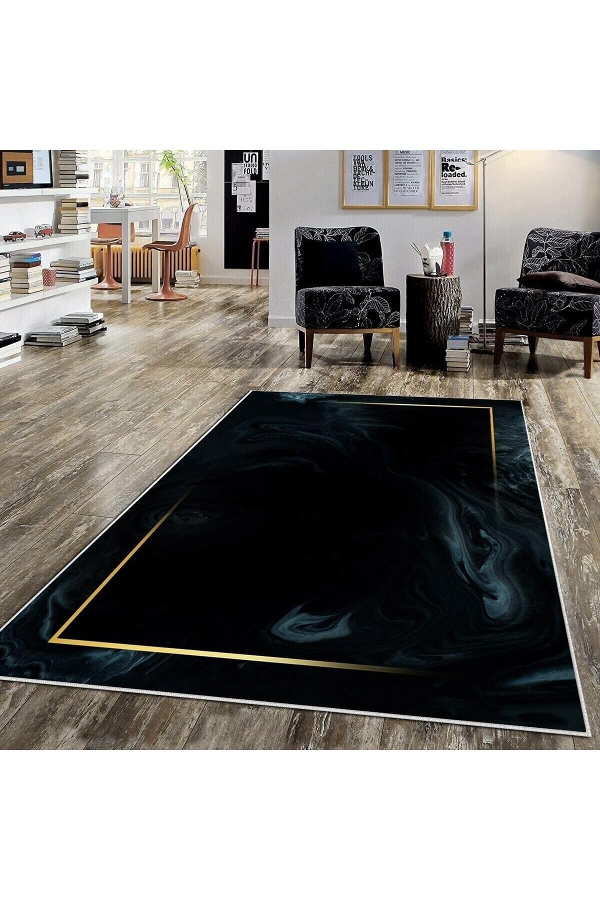 Pelangi Siyah Zemin Gold Şerit Desenli Yıkanabilir Kaymaz Taban Leke Tutmaz Modern Salon Halısı Ve Yolluk, Siyah-Gold 80 x 50, 74571133805005