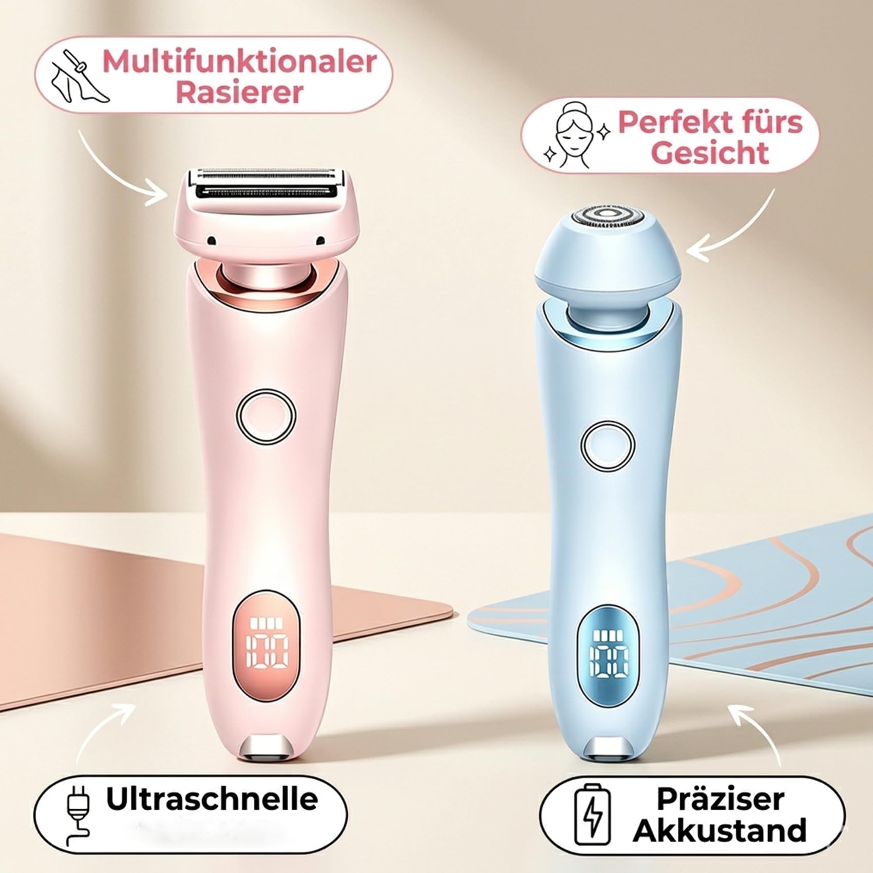Boulina Rasierer Damen, 2-In-1 Pro Razor, Leicht Zu Reinigendes GeräT, Sanfte Haarentfernung FüR Glatte Haut, Ergonomisches Design & Wet & Dry Anwendung Ideal FüR Die KöRperpflege (Pink+Blue)