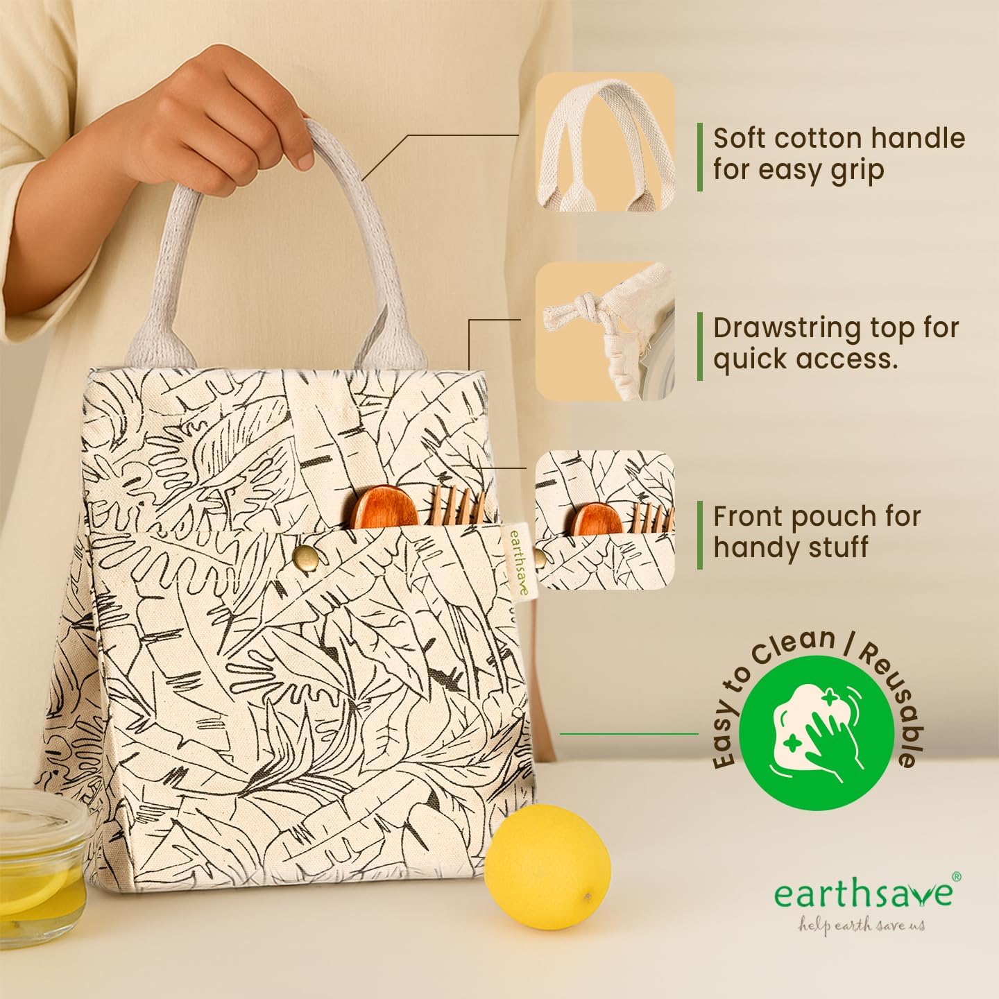 earthsave Insulated Lunch Bag for Office Women & Men (Off White & Olive Green) |Eco-Friendly Canvas Tiffin Bags for School, Cotton Drawstring for Kids| Cloth Box Bags | Small Lunch Bag 4