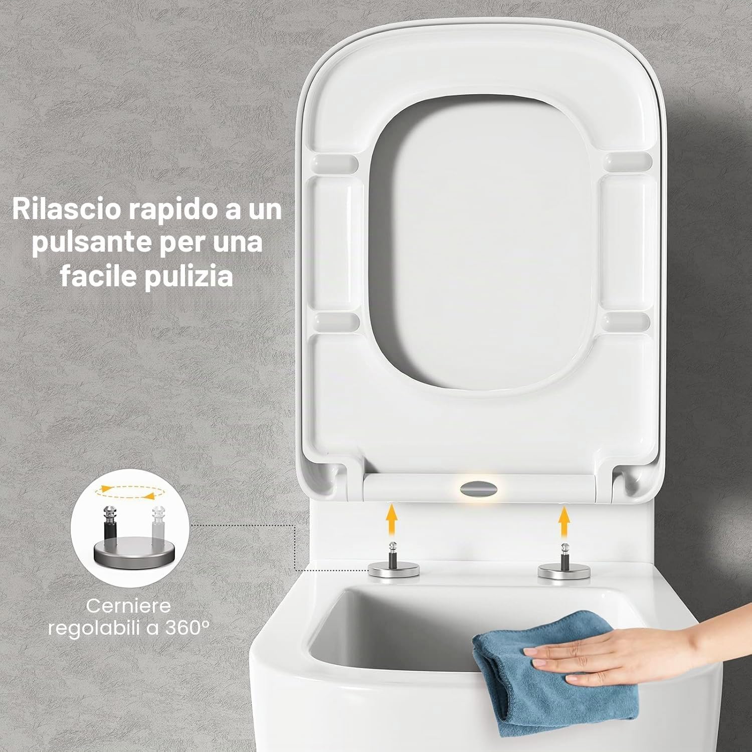 Pipishell Sedile WC quadrato, con chiusura morbida, colore bianco, con chiusura rapida, fissaggio semplice, resistente e antibatterico, con cerniere regolabili in acciaio inossidabile