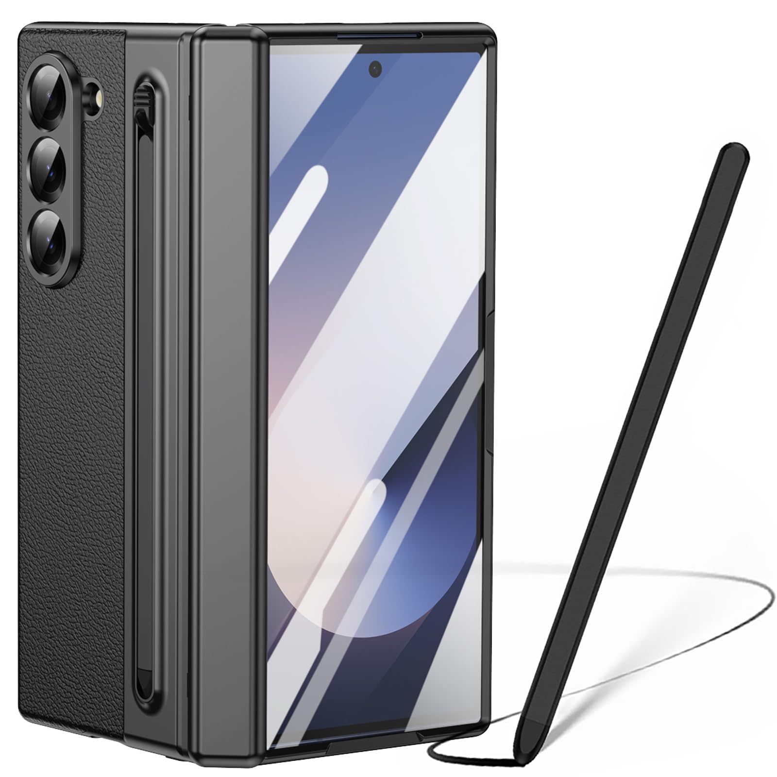 Custodia per Galaxy Z Fold 6, Protezione cerniera Samsung Fold6 cover, custodia Samsung Galaxy Z Fold6 con pellicola protettiva per lo schermo + Penna stilo + portapenne-Nero