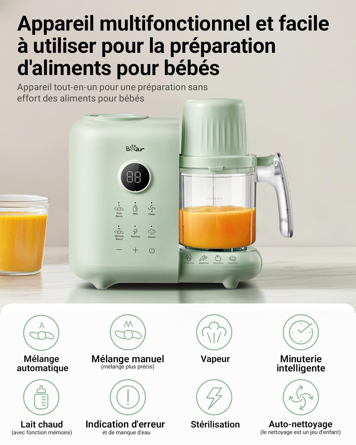 Bear Robot Cuiseur Mixeur Bébé avec Panier Vapeur 500ml,Robot Cuiseur Bebe Multifonctions Automatique Pour Purées Maison Sain,Désinfection,Fonction De Nettoyage Automatique,Sans BPA