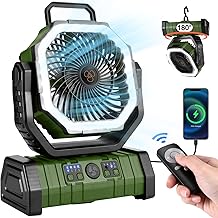 Odoland 30000mAh Camping Fan with LED Lantern, Rechargeable Battery Operated Oscillating with Remote & Hook, Portable Tent Fan with Timer, 4 Speeds for Outdoor Camp RV Jobsite Power Outage, Green