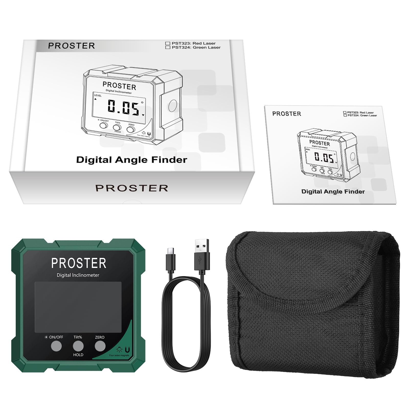 Proster Digitaler Laser- Neigungsmesser Winkelmesser Digital Wasserwaage Laser Winkelmesser - Präzise Magnetisch Wiederaufladbar LCD Display Messgerät für Bau Holz Tischler Werkstatt Profi