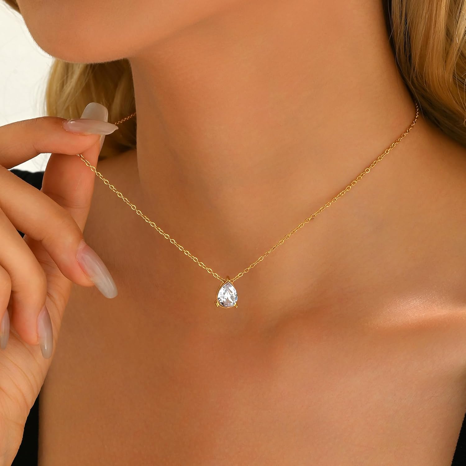 Diamond Necklaces for Women 18K Gold Plated Cubic Zirconia Solitaire Pendant Necklace Dainty Teardrop Necklace Trendy CZ Lariat Bridesmaid Necklace - Image 4