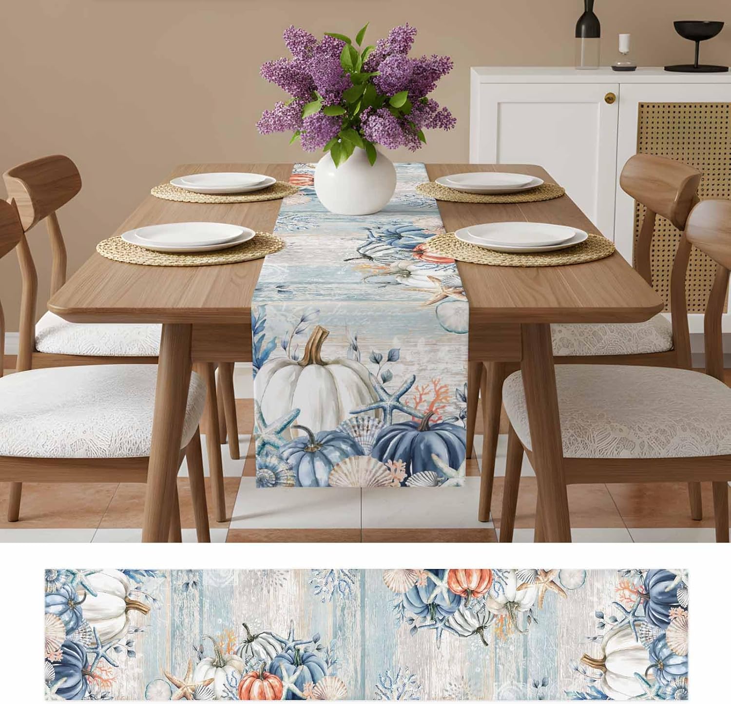Coastal Beach Fall Table Runner - 72 Inch Long Thanksgiving Pumpkins Maple Leaf Retro Blue Cotton Linen Dress Scarves Farmhouse Table Runner for Kitchen Dining, Coffee Table, 13" x 72"