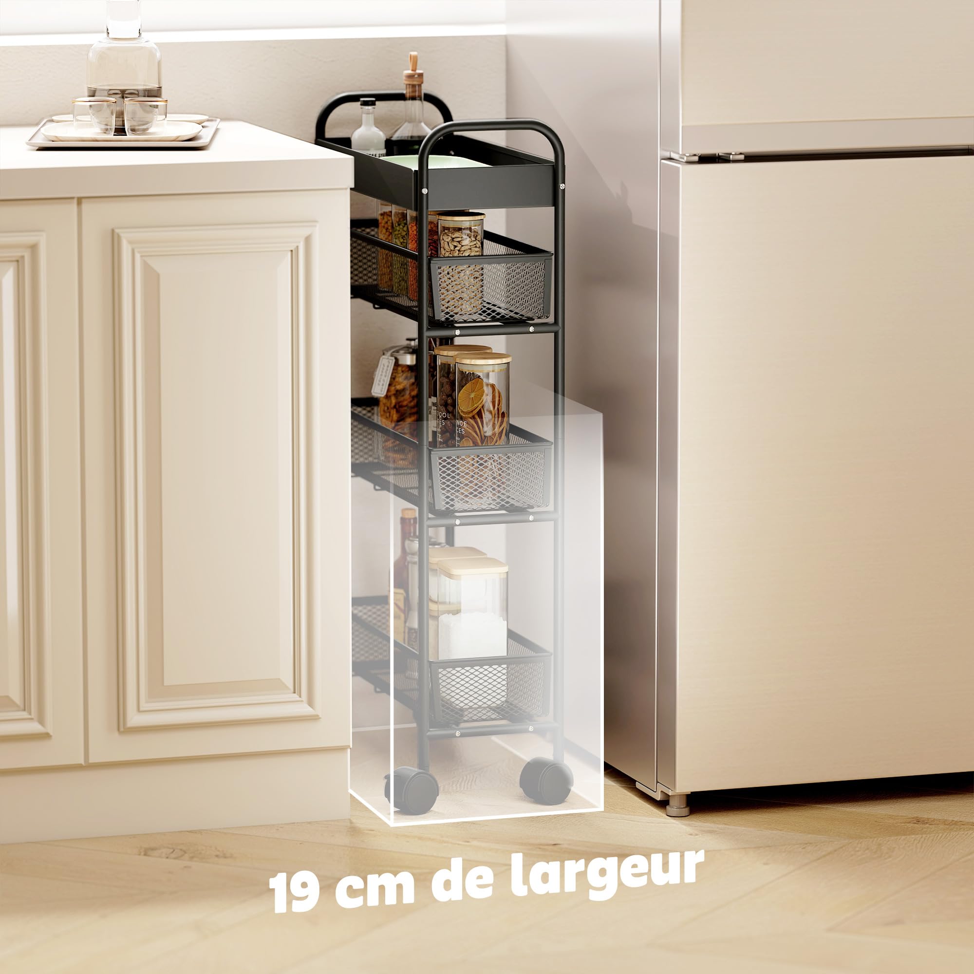 HOMCOM Chariot de rangement à 4 niveaux, 3 paniers coulissants, desserte à roulettes, panier supérieur et poignée, desserte cuisine multifonctionnel pour chambre, salon, bureau, 19 x 43,2 x 80 cm noir