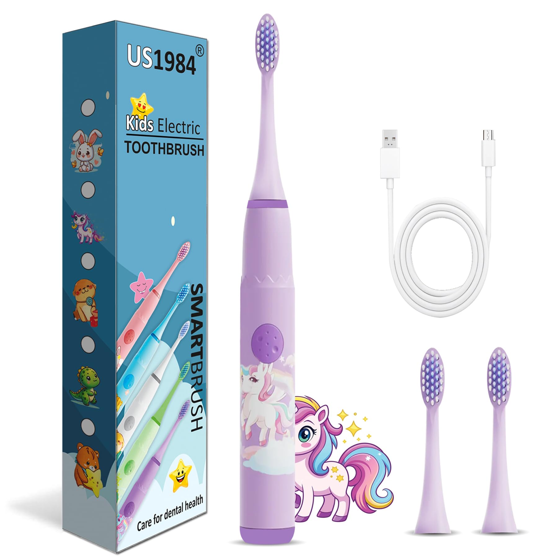 Sonic Electric Toothbrush for Kids with 4 Modes, 3 Brush Heads & Rechargeable Battery, Ultra Soft Nylon Bristles, IPX7 Waterproof, Electric Power Tooth brush (Purple)