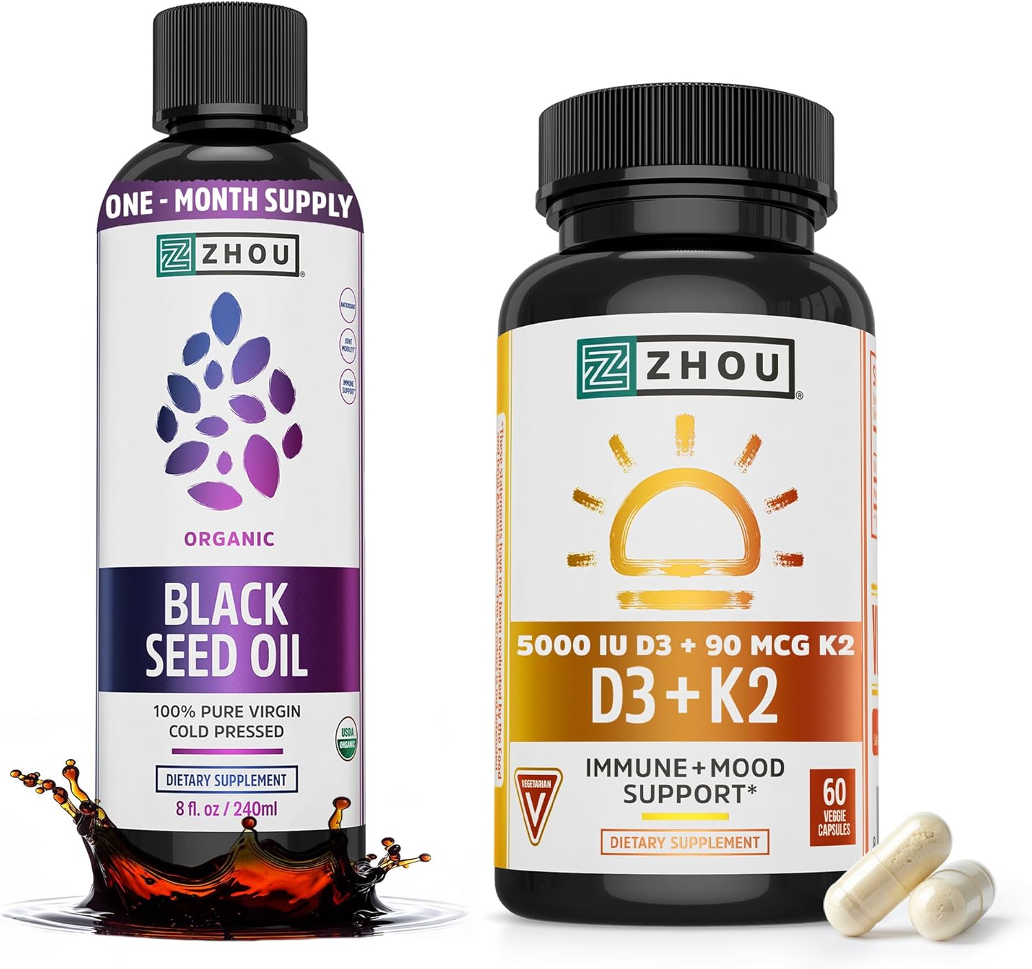 ZHOU Black Seed Oil & D3+K2 - Black Cumin Seed Oil Cold Pressed, Nigella Sativa, Immune Support Vitamin D3 K2 Supplement for Women & Men - Pack of 2, 8 fl oz + 60 Capsules