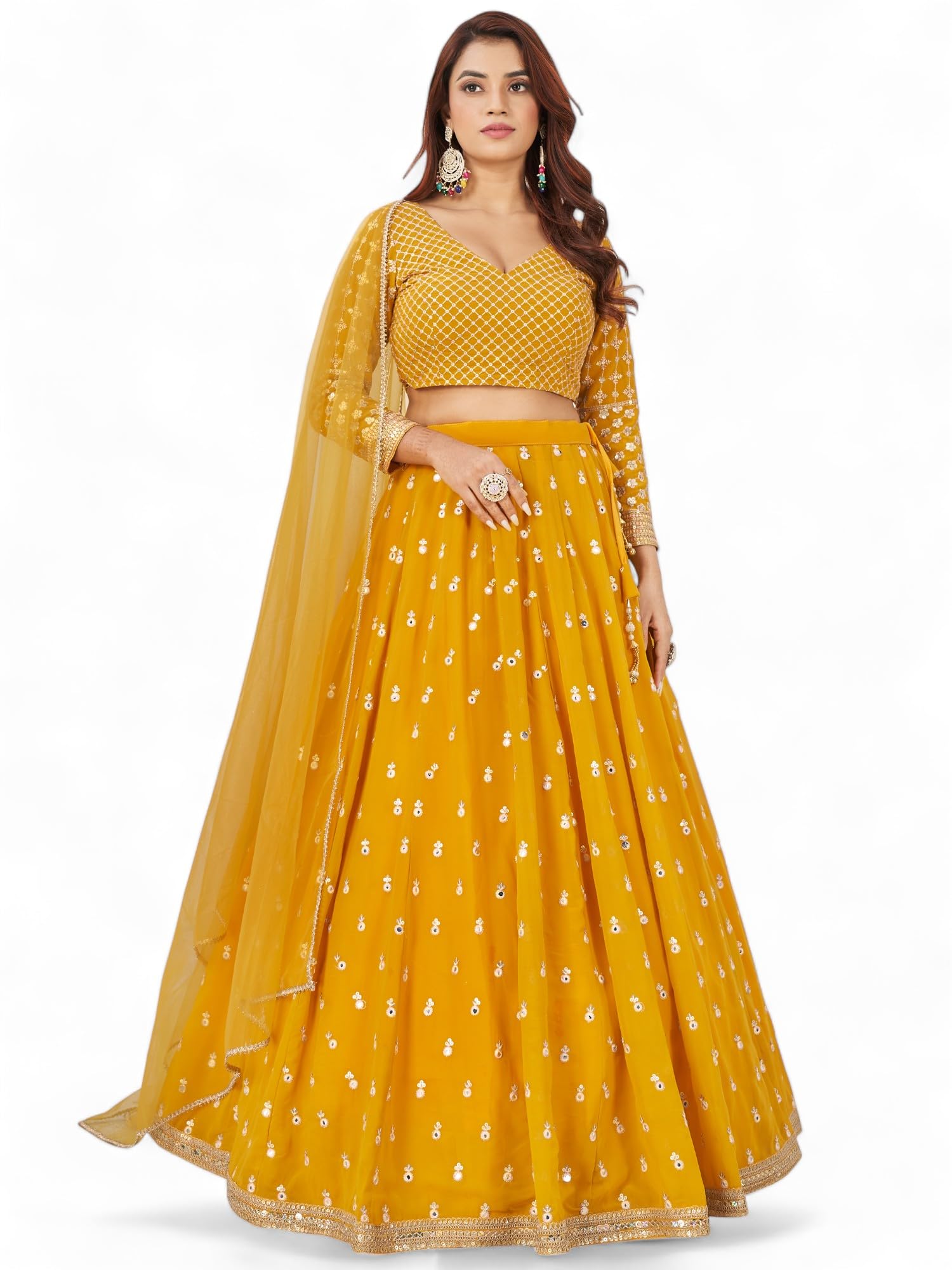 zeel clothing Women's Sequins Embroidered Georgette New Lehenga Choli with Dupatta (5071-Yellow-Wedding-Lehenga-Choli-Latest; Free Size)-picture-17
