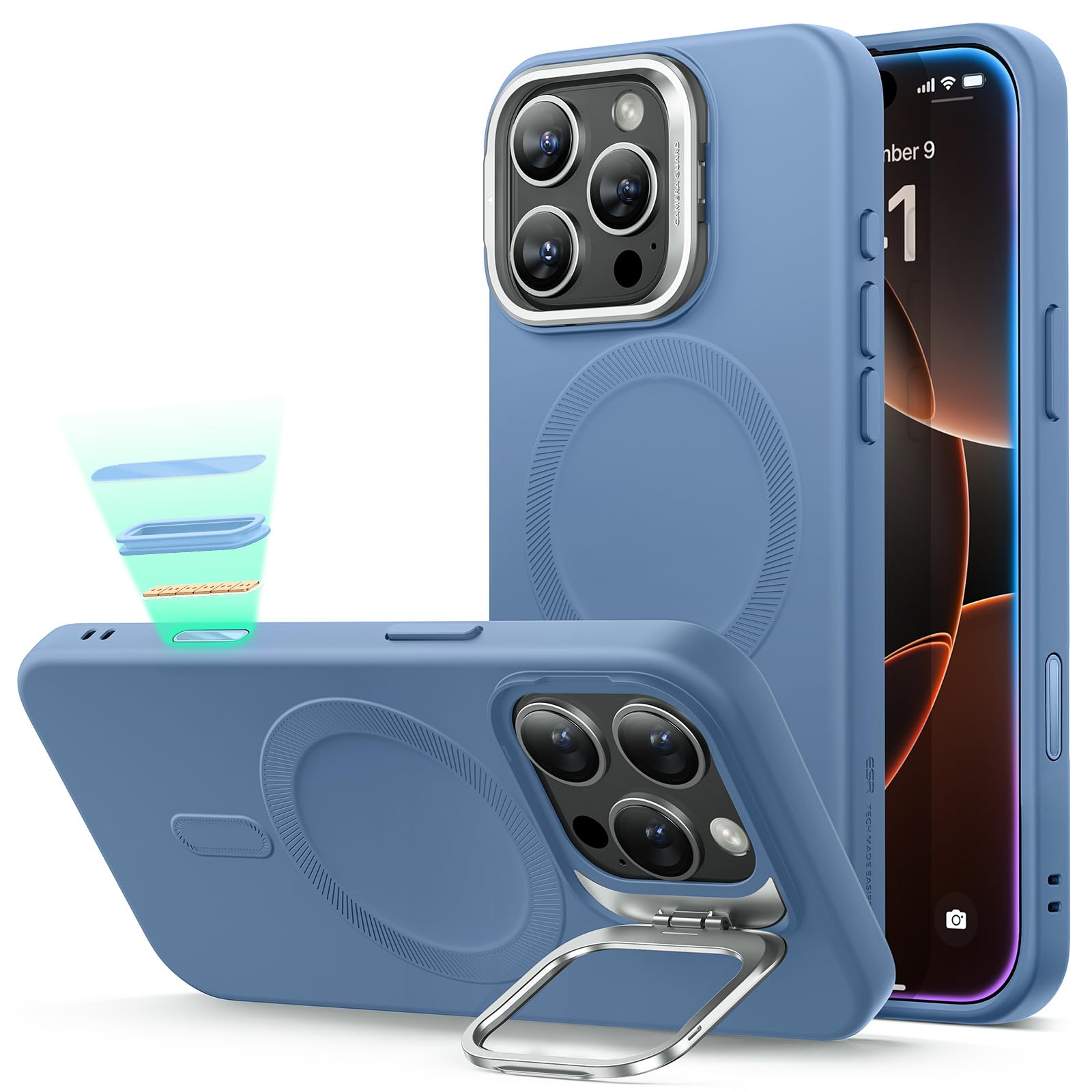 ESR for iPhone 16 Pro Case, Silicone Case with Stand, Compatible with MagSafe, Military-Grade Protection, Built-in Camera Stash Stand, Magnetic Phone Case for iPhone 16 Pro, Cloud Series, Light Blue