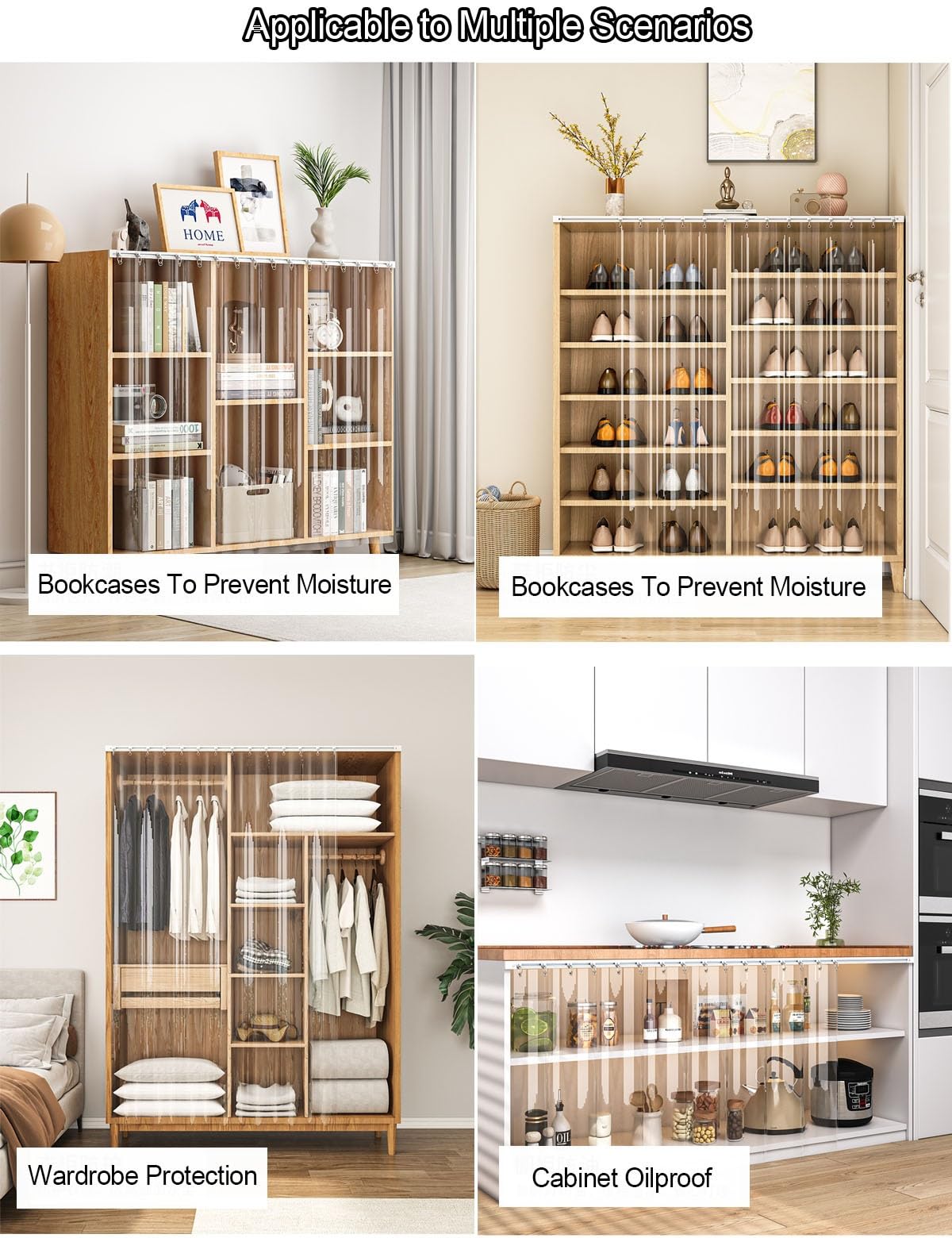 Rideau de placard imperméable transparent anti-poussière pour placard ouvert ou sous lavabo, idéal pour chambre à coucher et salon, 9 tailles disponibles