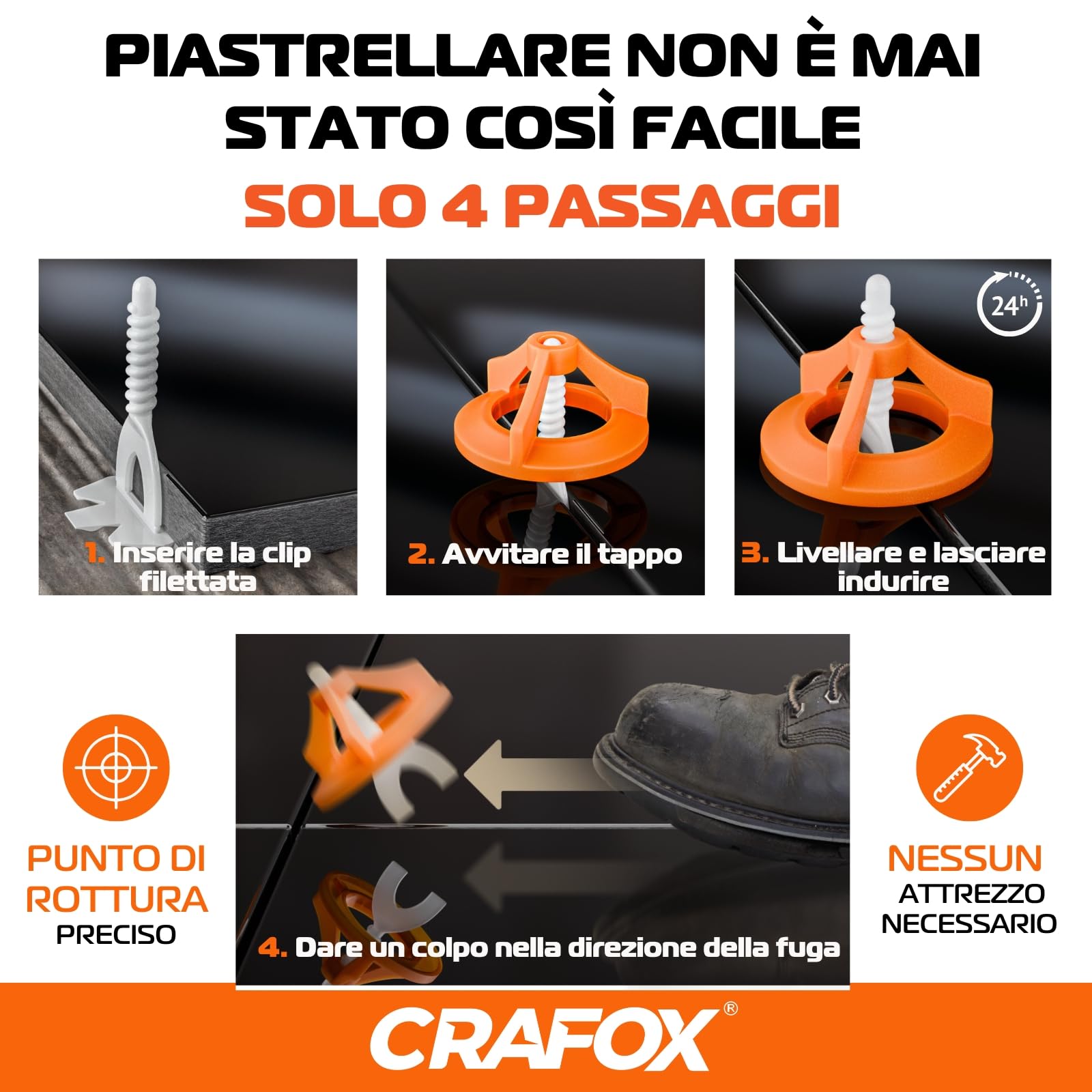 CRAFOX® Accessori Distanziatori per Piastrelle | 250x Distanziatori Clips 2mm | Set di Livellamento Piastrelle | Livellatore Pavimento | Livellatori per Piastrelle | Per una Posa Perfetta e Precisa